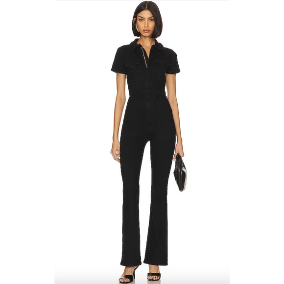 GOOD AMERICAN NWT Fit For Success Short Sleeve Bootcut Jumpsuit in Black // XS - Picture 1 of 16
